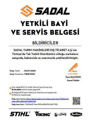 SADAL A.Ş. YETKİLİ BAYİ VE SERVİS BELGESİ